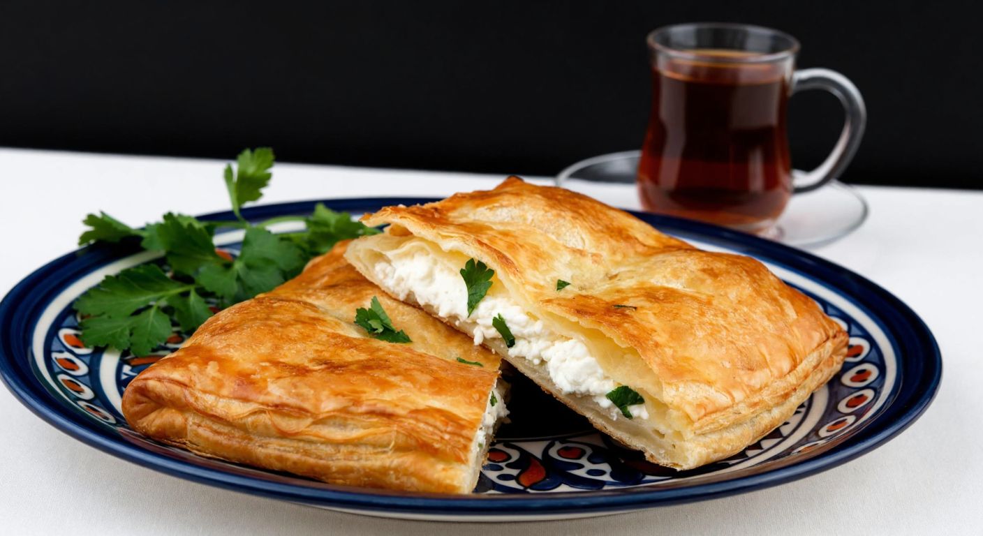 A golden-brown, flaky pastry (börek) filled with creamy white cheese and fresh parsley, resting on a traditional Turkish ceramic plate with a steaming cup of çay in the background.
