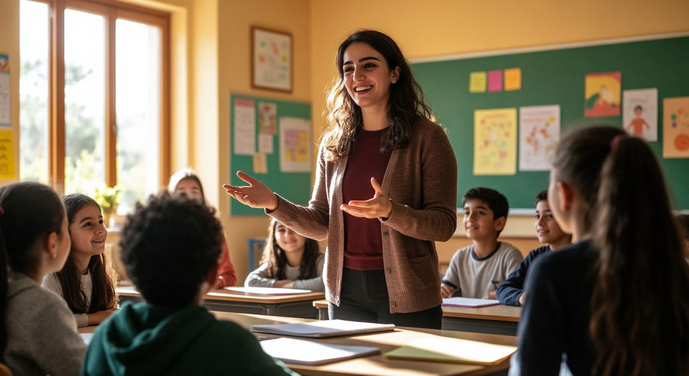 A smiling Turkish teacher in a bright classroom, enthusiastically gesturing toward a diverse group of engaged students, with sunlight streaming through the windows and colorful educational posters on the walls.