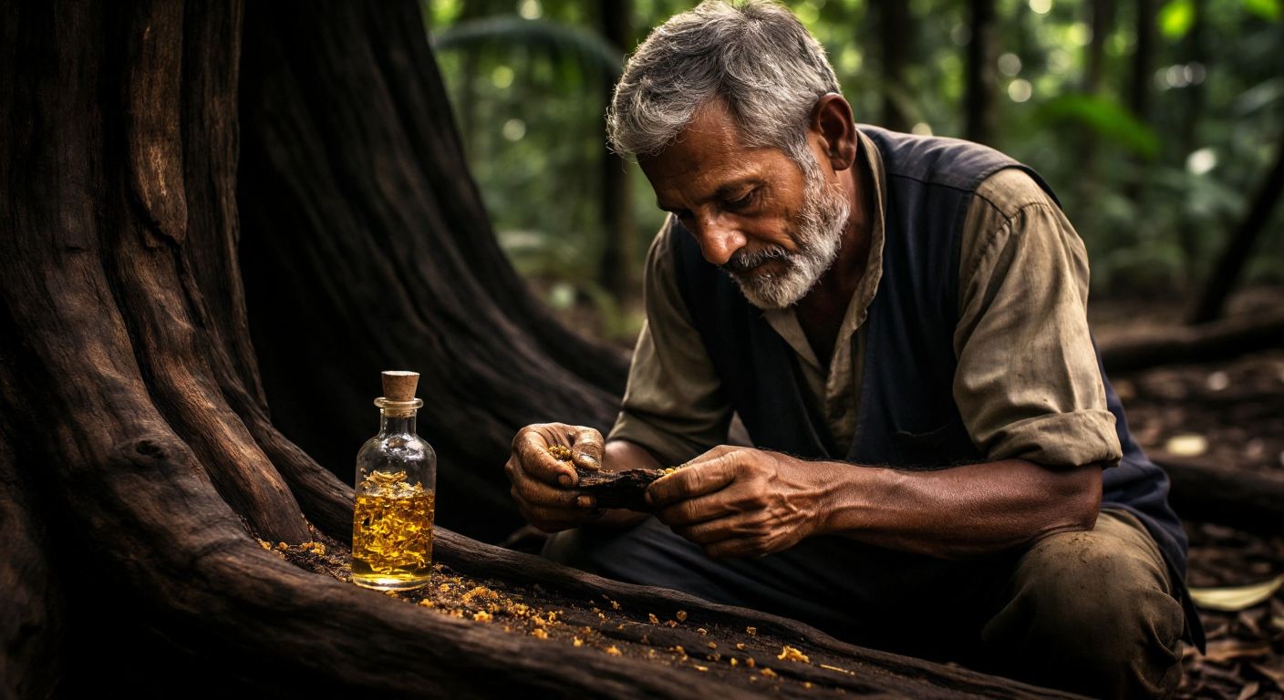 A weathered farmer in a tropical forest carefully inspecting the dark, resin-rich heartwood of an agarwood tree, his hands stained from labor, while golden droplets of precious oud oil glisten in a small glass vial beside him.