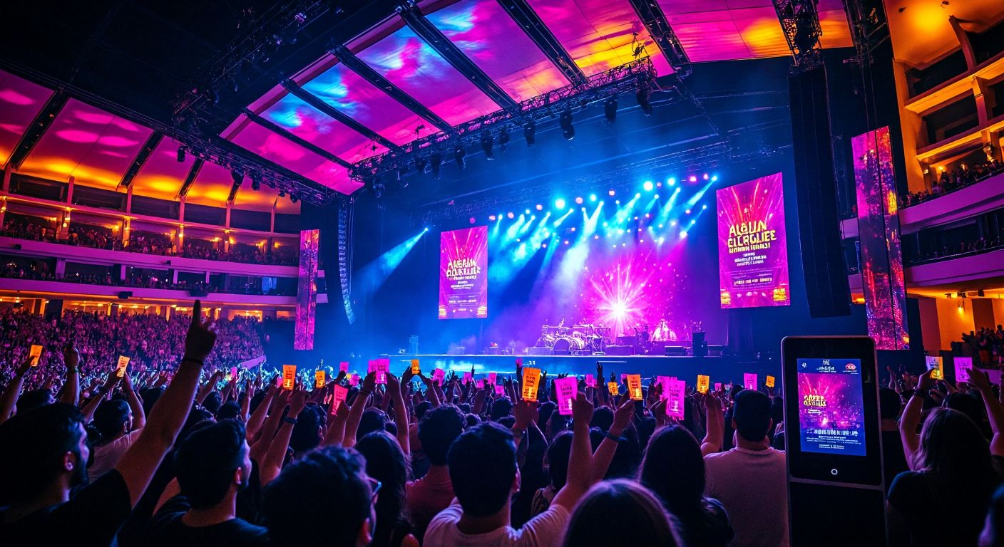 A vibrant Turkish concert venue with a glowing stage, excited fans holding colorful tickets, and a digital kiosk displaying event posters.