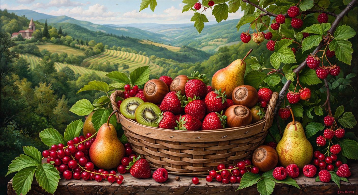 A vibrant wooden basket filled with fresh hazelnuts, kiwis, pears, and strawberries, surrounded by branches of medlar, red currants, and raspberries, set against the lush green backdrop of Düzce’s rolling hills.