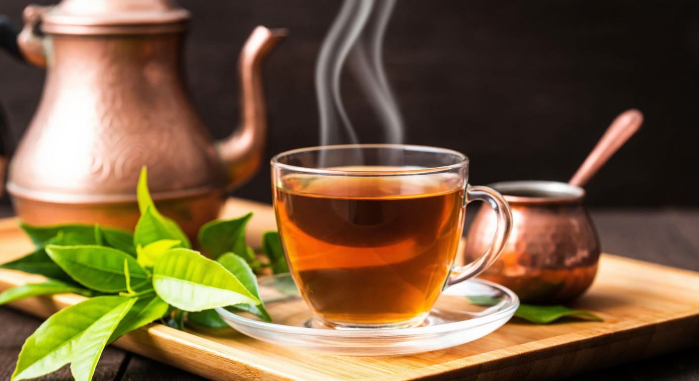 A steaming glass cup of amber-colored tea on a wooden tray beside lush green tea leaves, with a traditional Turkish teapot in the background, evoking warmth and quality.