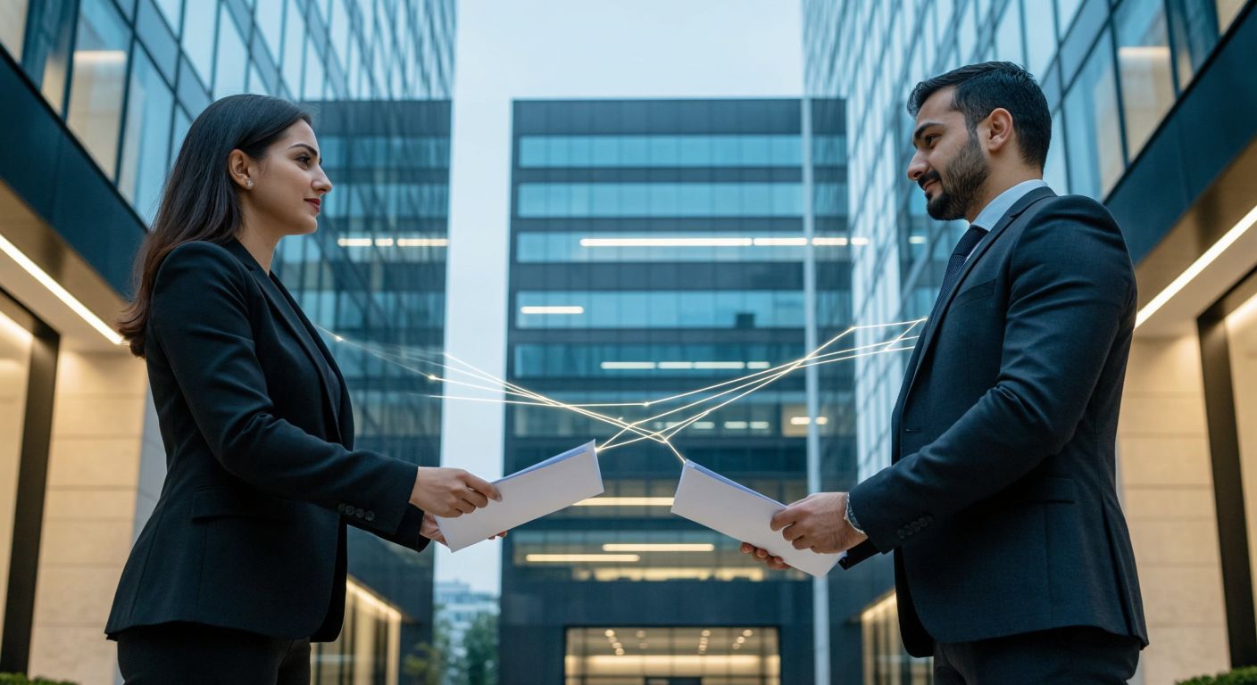 A split image showing a modern bank building on one side and a sleek investment office on the other, connected by a subtle glowing thread, with Turkish professionals in business attire exchanging documents between the two.