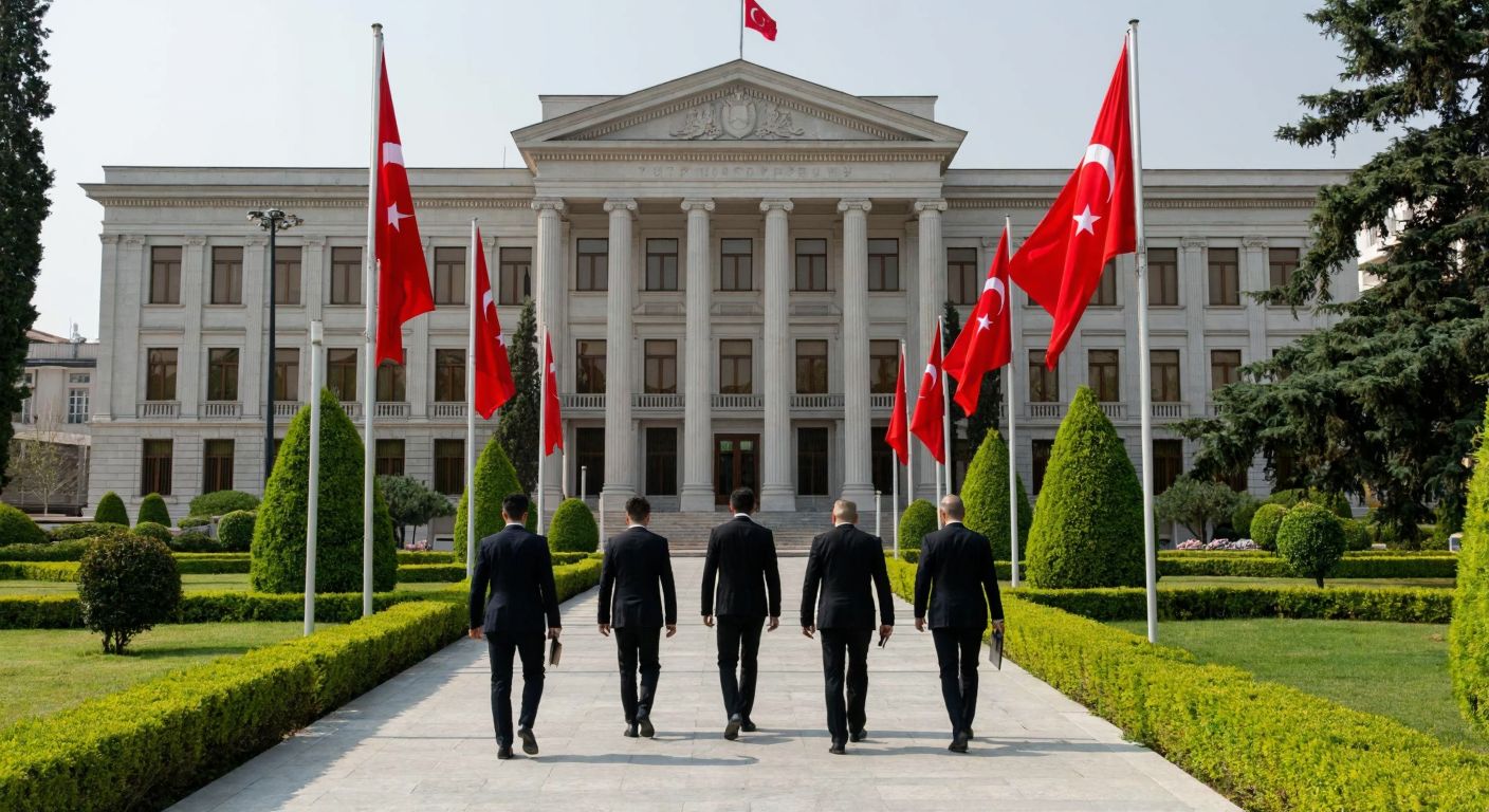 A grand, neoclassical government building in Ankara with Turkish flags fluttering, surrounded by neatly trimmed hedges and civil servants in formal attire walking briskly with folders in hand.