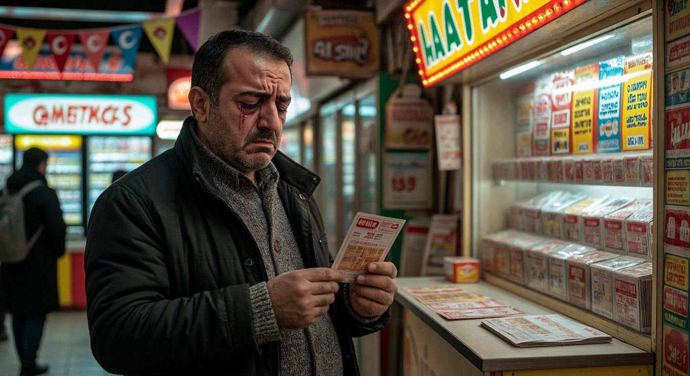 A disappointed man in Turkey holds a lottery ticket with a tear in his eye, standing near a bright lottery kiosk adorned with colorful banners, while a small consolation prize envelope rests on the counter beside him.