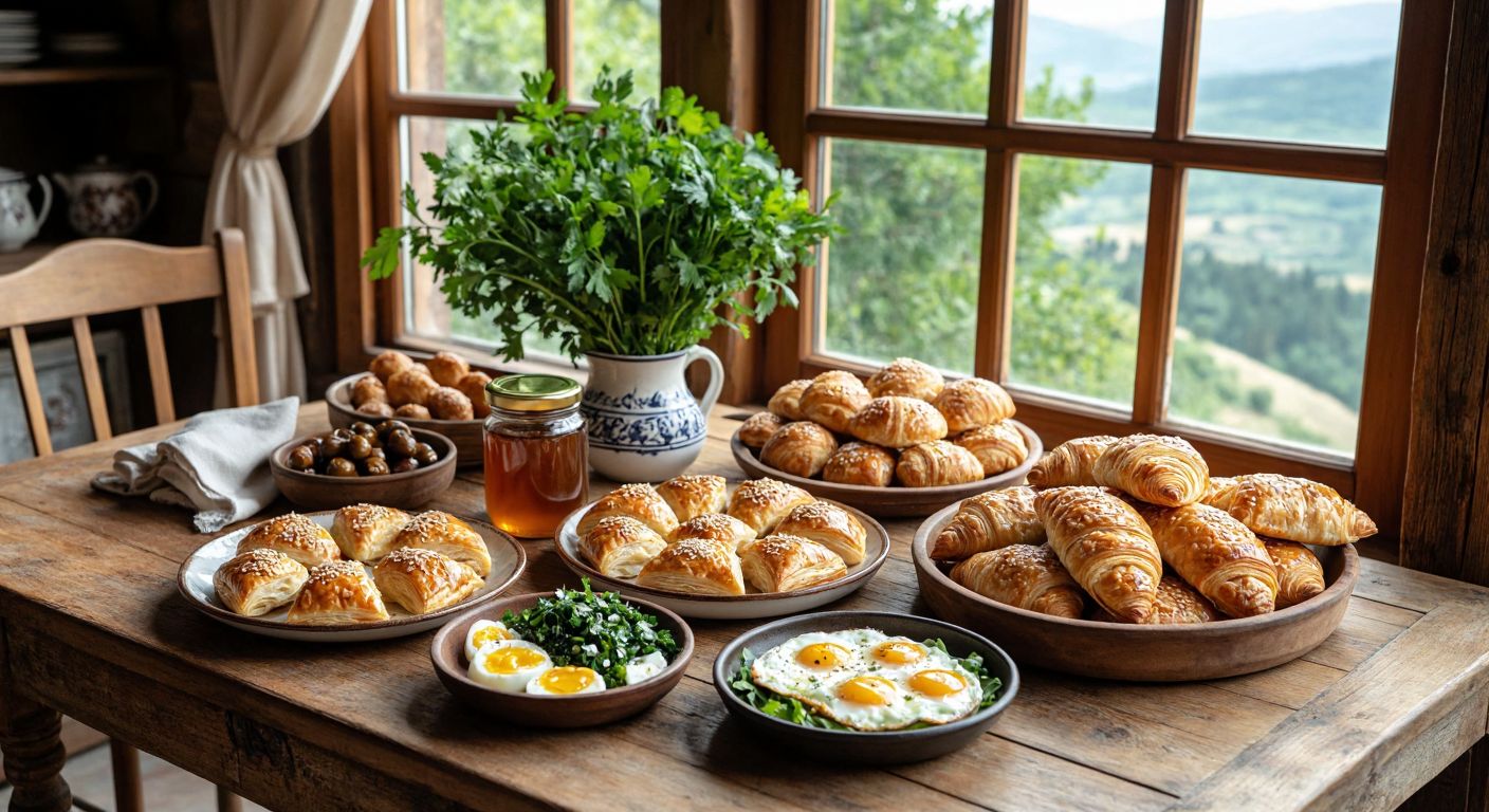 A rustic wooden breakfast table in Sinop, Turkey, laden with golden nokul pastries, a jar of chestnut honey, a plate of village eggs and cheese, crispy katlama, and a bowl of vinegared leeks, all surrounded by fresh Karadeniz greens.