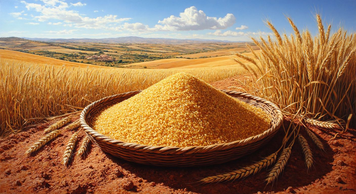 A golden amber pile of Mardin bulgur rests on a woven tray, surrounded by sunlit red soil fields and ripe wheat stalks under a bright Turkish sky.