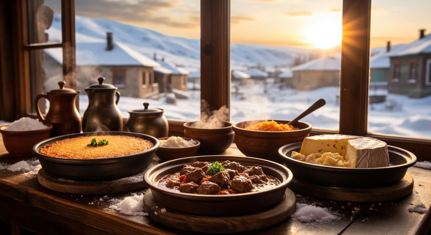 A snowy landscape in Kars with a wooden table set with steaming plates of piti kebab, Kars gravyer cheese, and umaç helvası, surrounded by warm, inviting light from a nearby window.