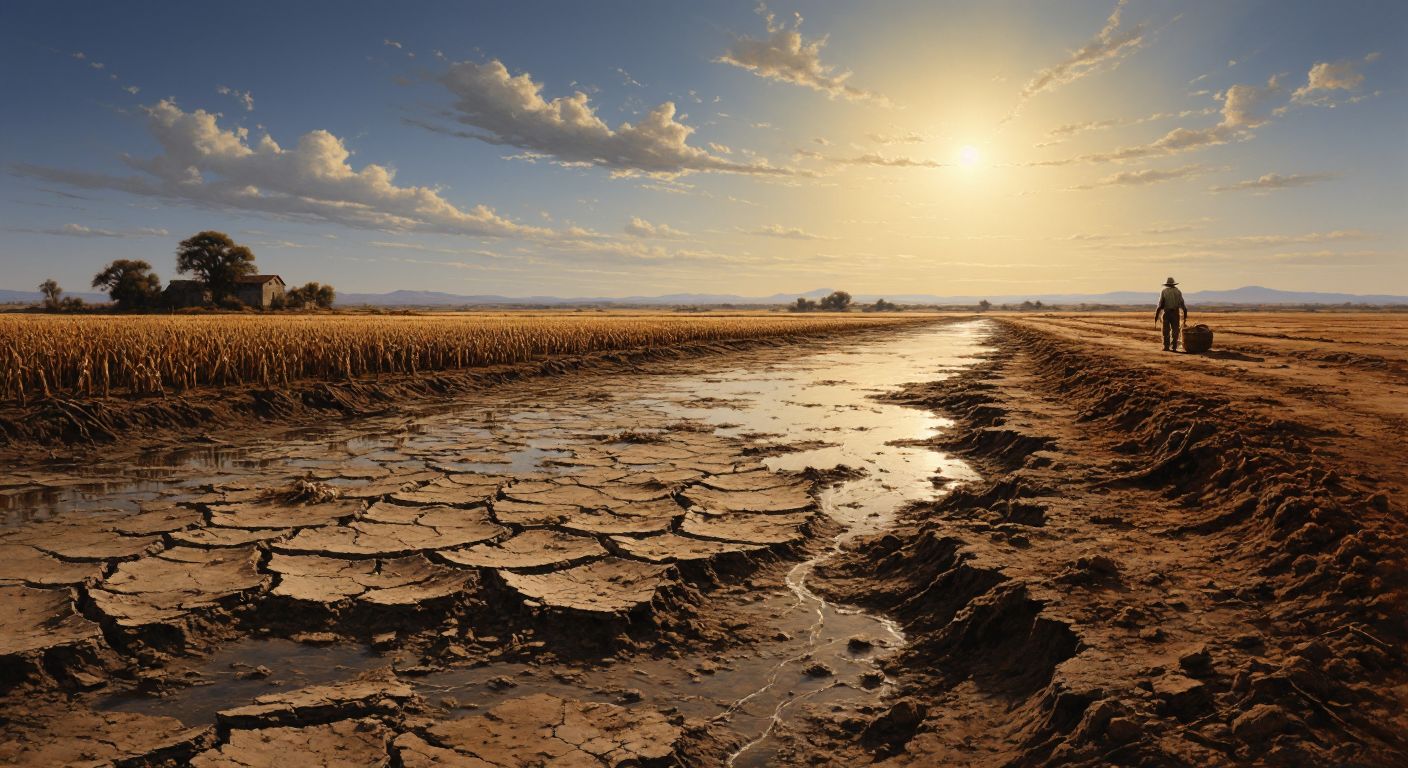 A cracked, dry reservoir bed under a scorching sun, with sparse patches of parched earth and a distant farmer standing beside wilted crops, looking worriedly at the dwindling water.