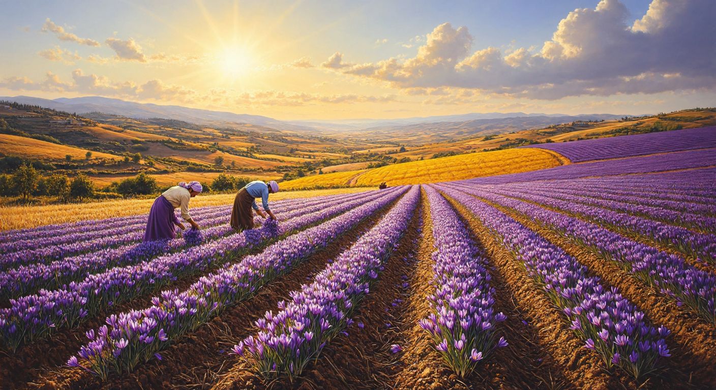 A golden saffron field under a warm sun, with farmers carefully harvesting delicate purple flowers in Turkey’s rural countryside, surrounded by rolling hills and fertile soil.
