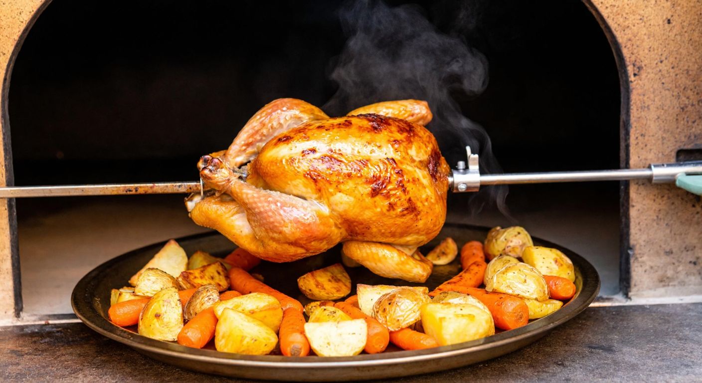 A golden-brown whole chicken rotating on a skewer in a traditional Turkish oven, surrounded by roasted potatoes and carrots, with steam rising and a warm, inviting glow from the oven's heat.