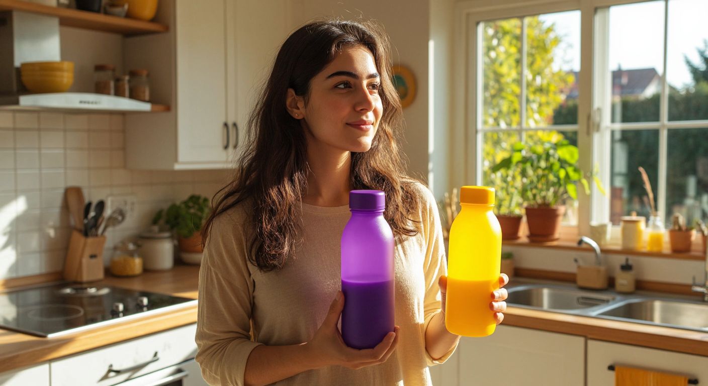 A Turkish woman in a bright kitchen holds two colorful Tupperware Eco water bottles—one purple with a wide mouth and one slim sunflower-yellow—comparing them thoughtfully while sunlight streams through the window.