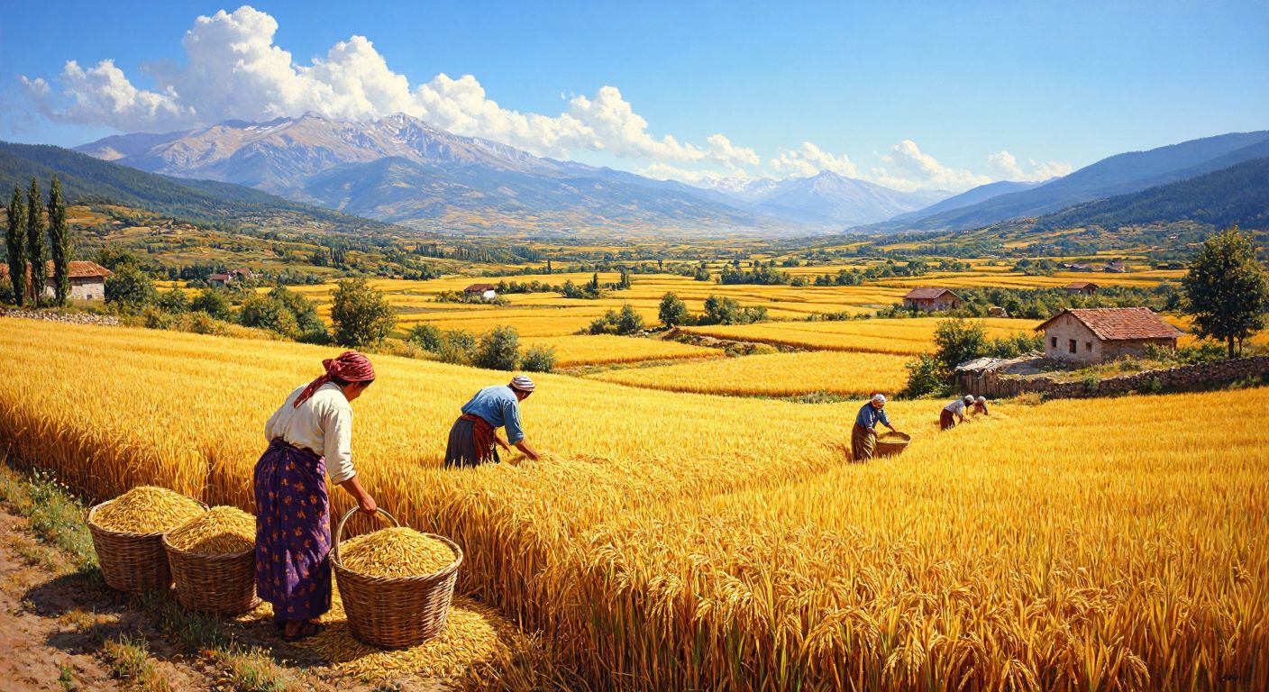 A sunlit Turkish countryside with golden rice fields stretching toward distant mountains, farmers in traditional attire harvesting rice by hand, and baskets filled with plump grains nearby.
