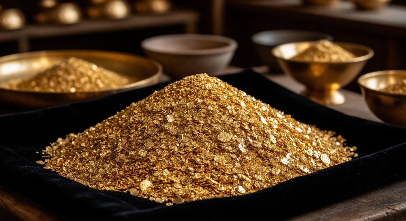 A gleaming pile of gold scraps with varying shades of warmth, from deep yellow to bright, near-white, reflecting light differently based on purity, resting on a dark velvet cloth in a traditional Turkish jewelry workshop.