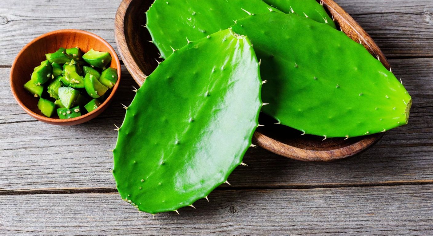 A vibrant green nopal cactus leaf with its spines carefully removed, resting on a rustic wooden table next to a bowl of freshly chopped cactus pieces, evoking health and natural remedies.