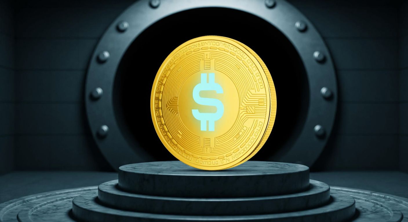 A glowing golden coin with a futuristic blue circuit-like pattern, resting on a dark marble pedestal in a dimly lit vault, symbolizing scarcity and digital value.