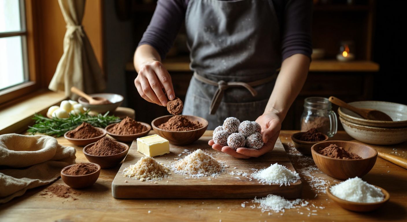 A warm Turkish kitchen with a wooden countertop scattered with ingredients like butter, cocoa powder, crushed biscuits, and shredded coconut, while hands shape small balls of the dessert mixture before rolling them in coconut flakes.