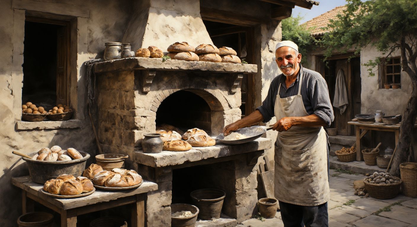 A weathered but sturdy stone oven in a Turkish village courtyard, surrounded by fresh bread and a smiling elderly baker wiping his hands on a flour-dusted apron.