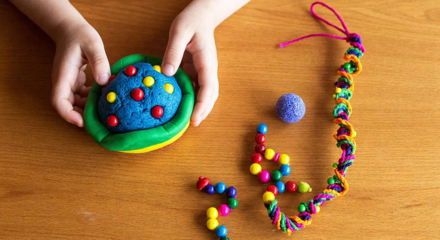 A child’s hands shaping a colorful play-dough cell model with a foam ball as the membrane, small beads as organelles, and twisted yarn forming a DNA strand beside it on a wooden table.