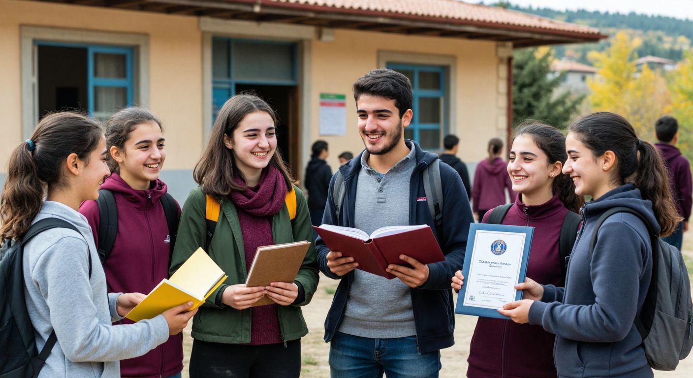 A group of diverse Turkish students, smiling and holding books, stands in front of a rural school while a teacher hands one of them a scholarship certificate.