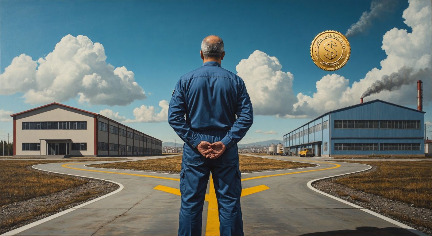 A middle-aged Turkish worker in a blue uniform stands at a crossroads, with one path leading to a government office (memurluk) and the other to a factory (SSK), while a golden retirement certificate hovers in the distance.