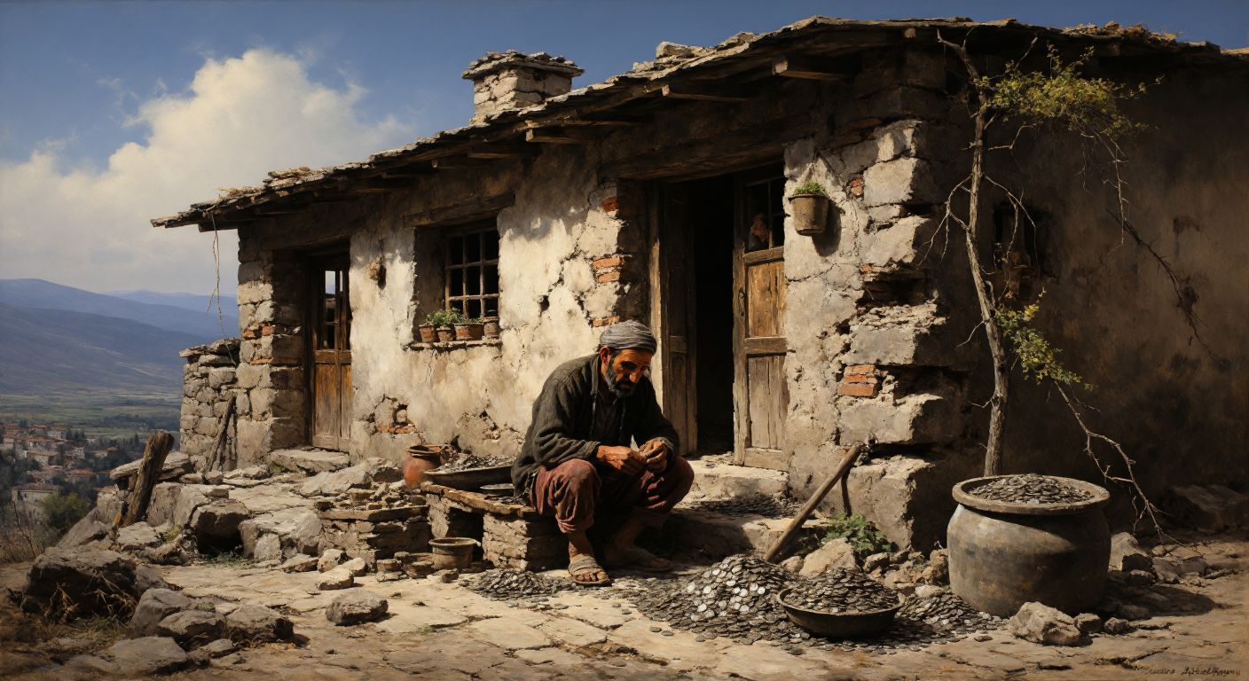 A weathered stone house in a rural Turkish village, with cracked walls and a worker frowning while counting coins, surrounded by scattered tools and damp patches on the stonework.