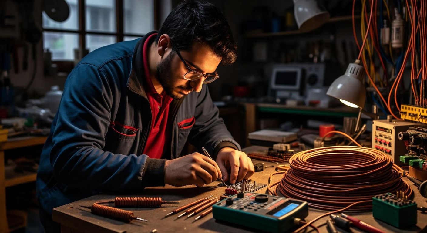 A focused Turkish engineer in a workshop carefully adjusts a multimeter’s dial while measuring a coiled copper wire, surrounded by scattered resistors and tools under warm lighting.
