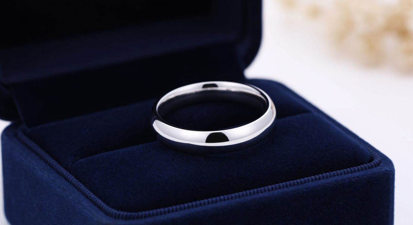 A gleaming silver ring with a smooth rhodium-plated surface resting on a velvet jewelry box, reflecting light to emphasize its resistance to tarnishing.