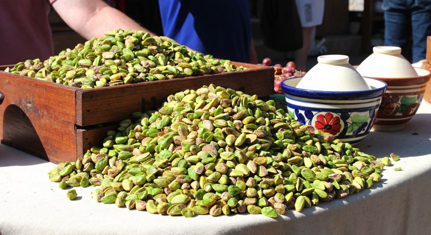 A vibrant display of fresh, green Antep pistachios spilling from a rustic wooden crate onto a sunlit table in Gaziantep, surrounded by traditional Turkish ceramic bowls.