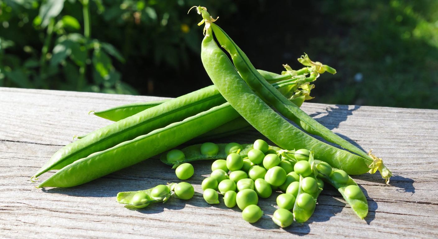 A vibrant green Utrillo pea plant with tall, sturdy stems and slightly curved pods filled with plump, large peas, lying beside a handful of oversized peas scattered on a rustic wooden table in a sunlit Turkish garden.