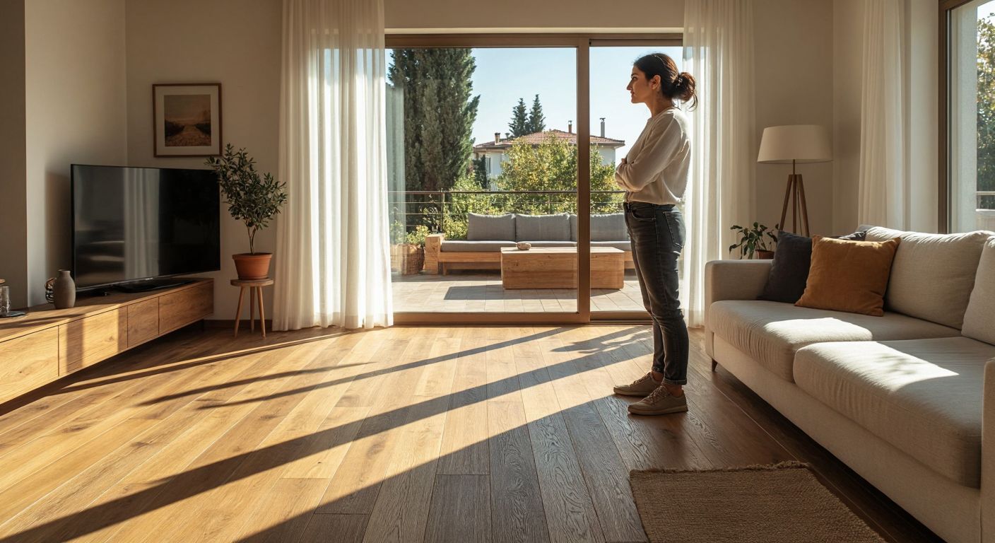 A Turkish homeowner stands thoughtfully in a sunlit living room, comparing two wooden floor samples—one with deep, rustic grooves and another with a smooth, seamless surface.