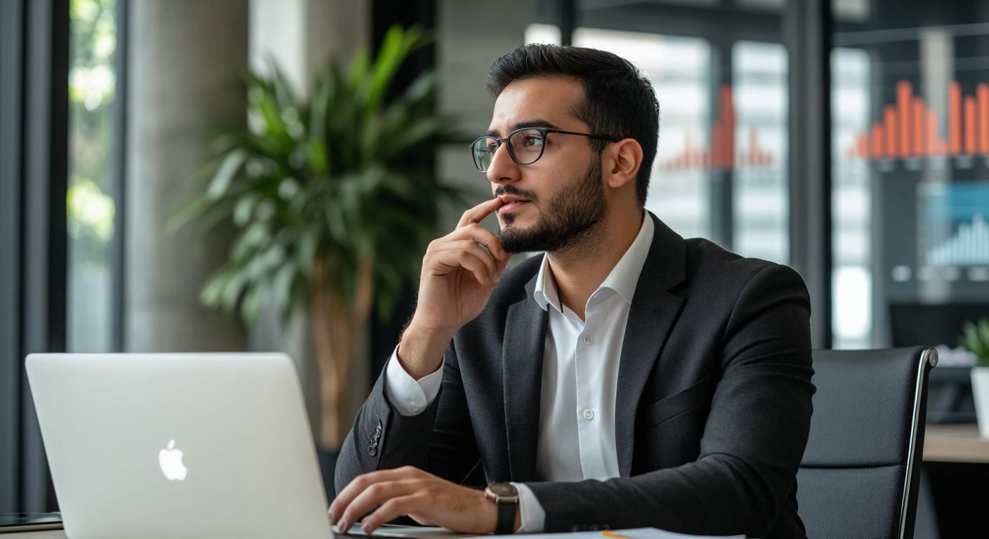 A professional Turkish businessperson in a sleek office, thoughtfully gesturing while explaining diverse career options, with a laptop and financial charts subtly visible in the background.