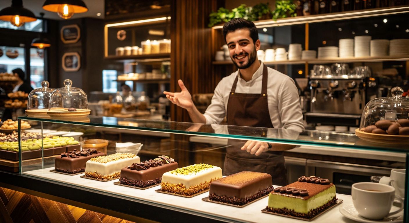 A warm, bustling Özsüt café in Turkey with a glass display case showcasing three decadent Dubai chocolates—Antep pistachio, caramel-peanut, and tiramisu—while a smiling barista gestures toward them.