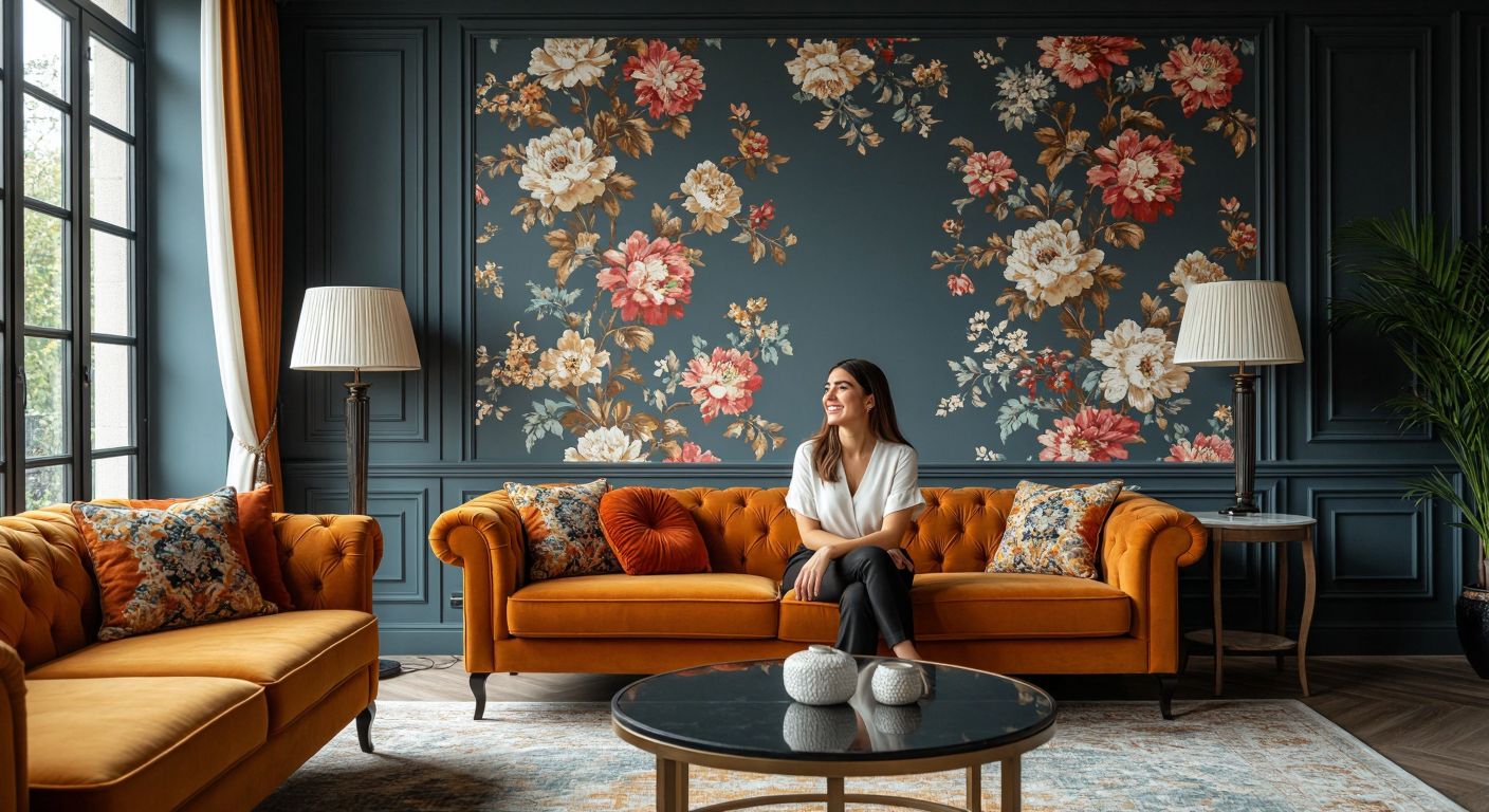 A well-lit Turkish living room with freshly applied, vibrant Duka wallpaper featuring an elegant floral pattern, while a smiling woman admires the smooth, clean surface with a satisfied expression.