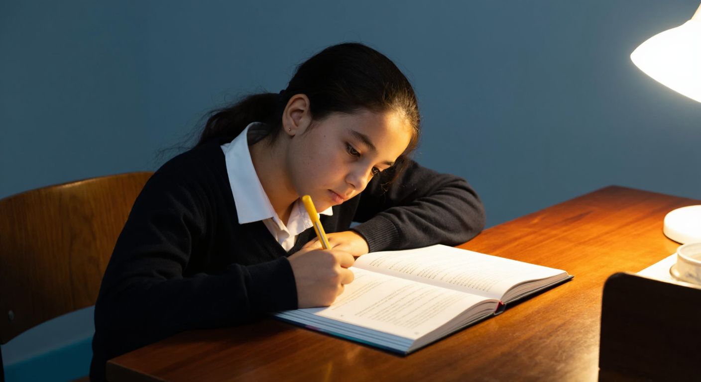 A focused Turkish middle-school student with dark hair and a school uniform sits at a wooden desk, intently reading a book under warm lamplight while highlighting key sentences with a yellow marker.