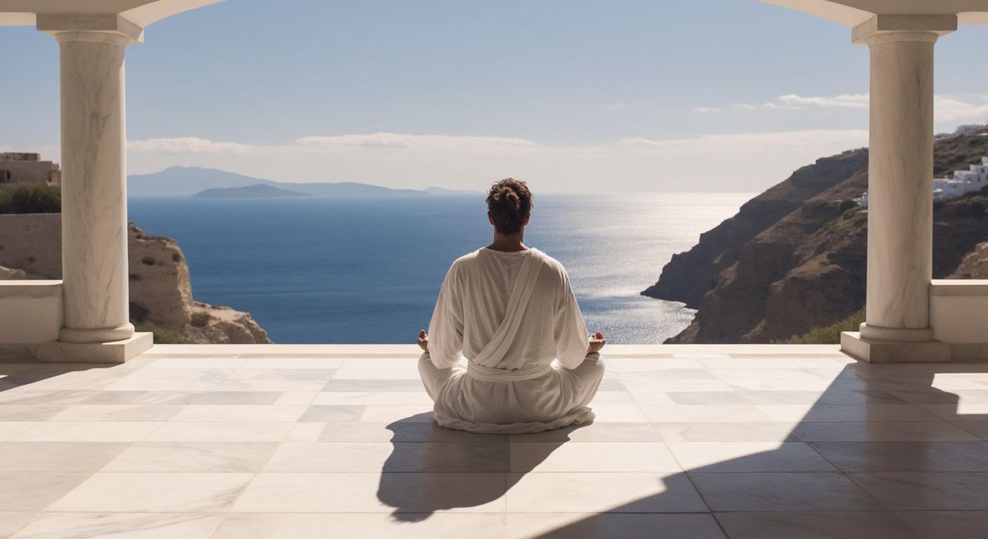 A lone figure in a simple white robe sits cross-legged on a sunlit marble terrace overlooking the Aegean Sea, their hands resting calmly on their knees with eyes closed in serene contemplation, embodying Stoic tranquility.