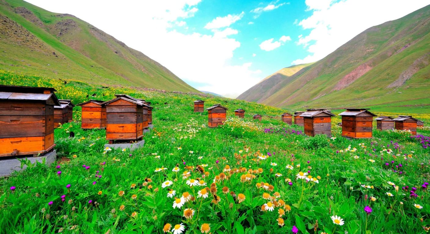 A lush green valley in Bitlis, Turkey, with vibrant wildflowers and buzzing bees around traditional wooden beehives under a bright blue sky.