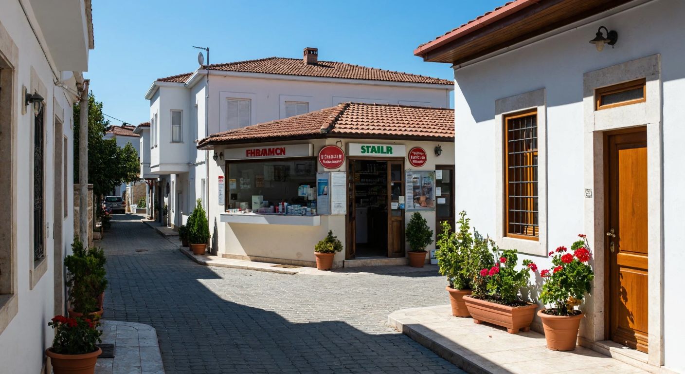 A small, sunlit pharmacy with a red sign stands on a quiet cobblestone street in a Turkish neighborhood, surrounded by whitewashed buildings with terracotta roofs and potted geraniums.