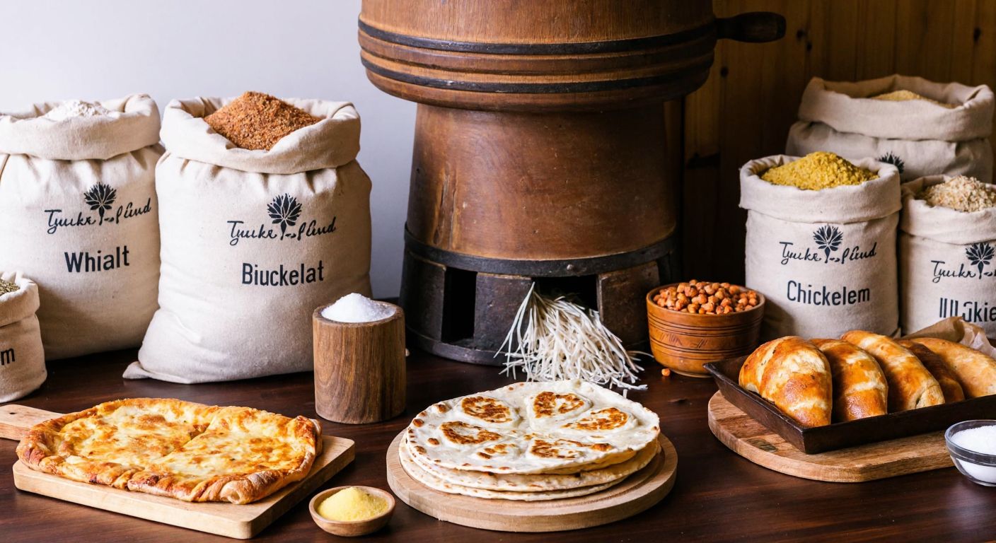 A rustic Turkish flour mill with sacks labeled with wheat, buckwheat, and chickpea flour, surrounded by freshly baked pastries, bread, and gözleme on wooden tables.