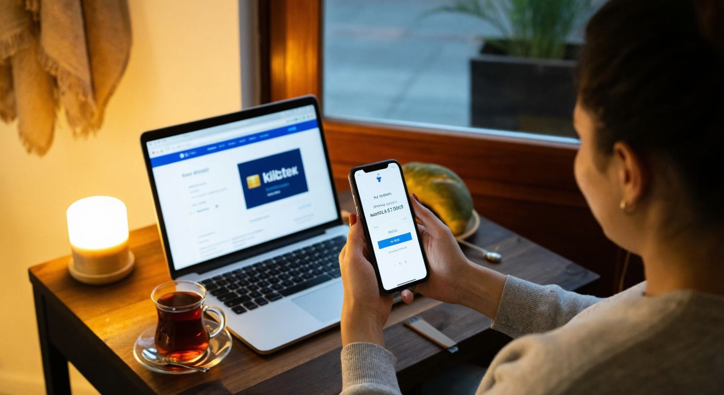 A person in a cozy Turkish home, wearing casual clothing, sits at a wooden table with a laptop open displaying a payment portal, while holding a smartphone with the KIBTEK app visible, surrounded by warm lighting and a steaming cup of Turkish tea.