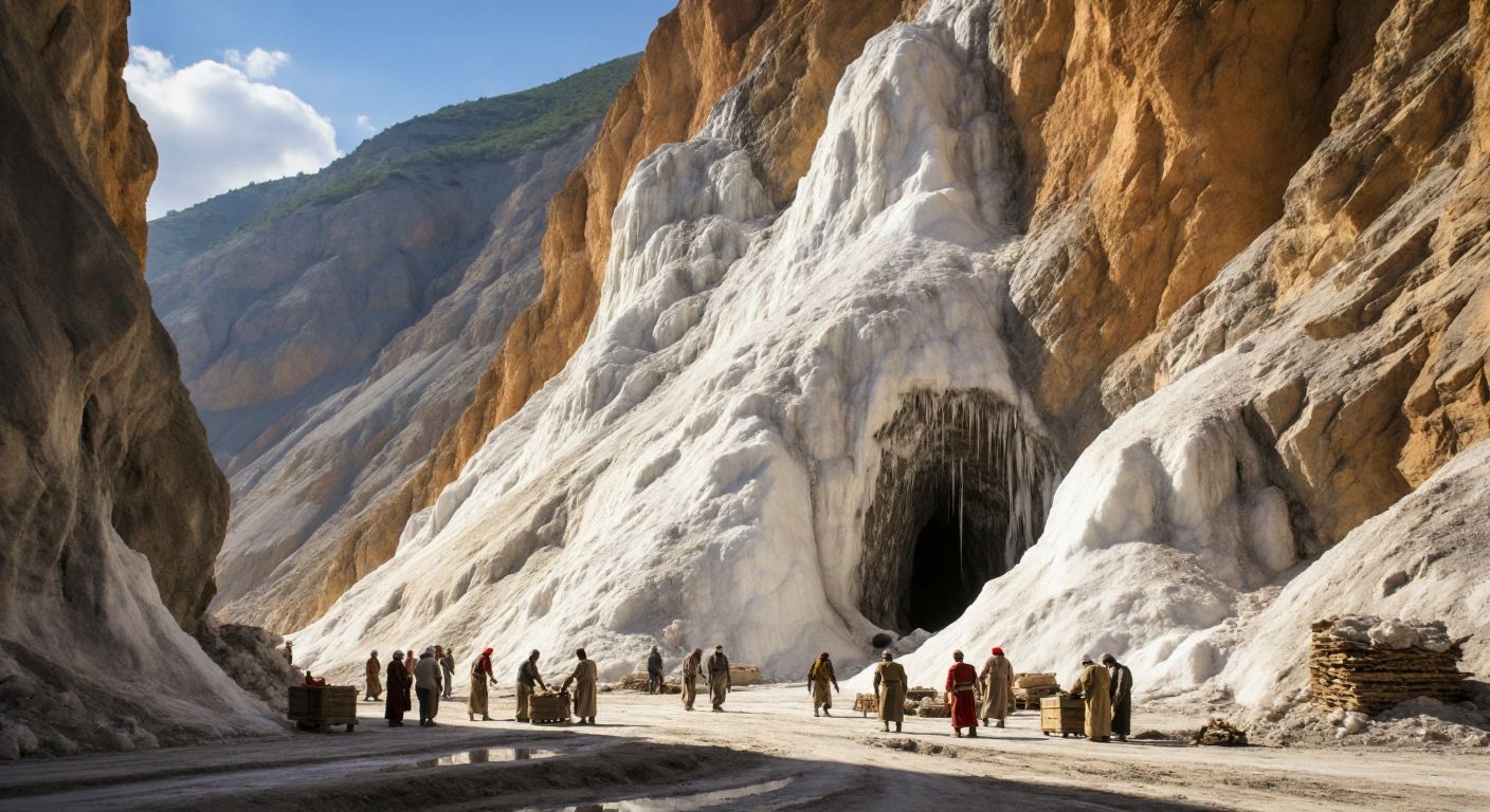 A rugged, sunlit mountain with exposed salt veins glistening in the light, surrounded by workers in traditional Turkish attire gathering salt crystals near the entrance of a vast, ancient cave.