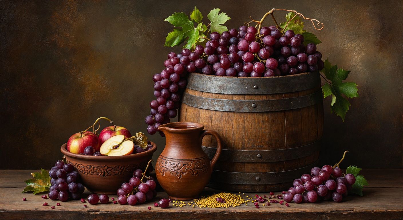 A rustic wooden barrel filled with vibrant red hardaliye, surrounded by fresh grape clusters and mustard seeds, with a heavy stone pressing down, while a smaller clay jug nearby holds golden tükenmez sherbet with floating slices of apple, quince, and medlar.