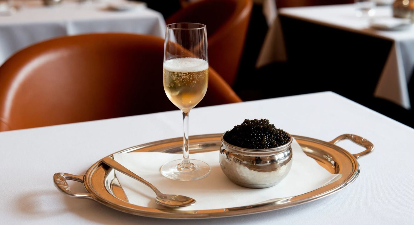 A polished silver tray holds a chilled glass of golden champagne topped with glistening black caviar, resting beside a small mother-of-pearl spoon on a crisp white tablecloth in an elegant dining setting.