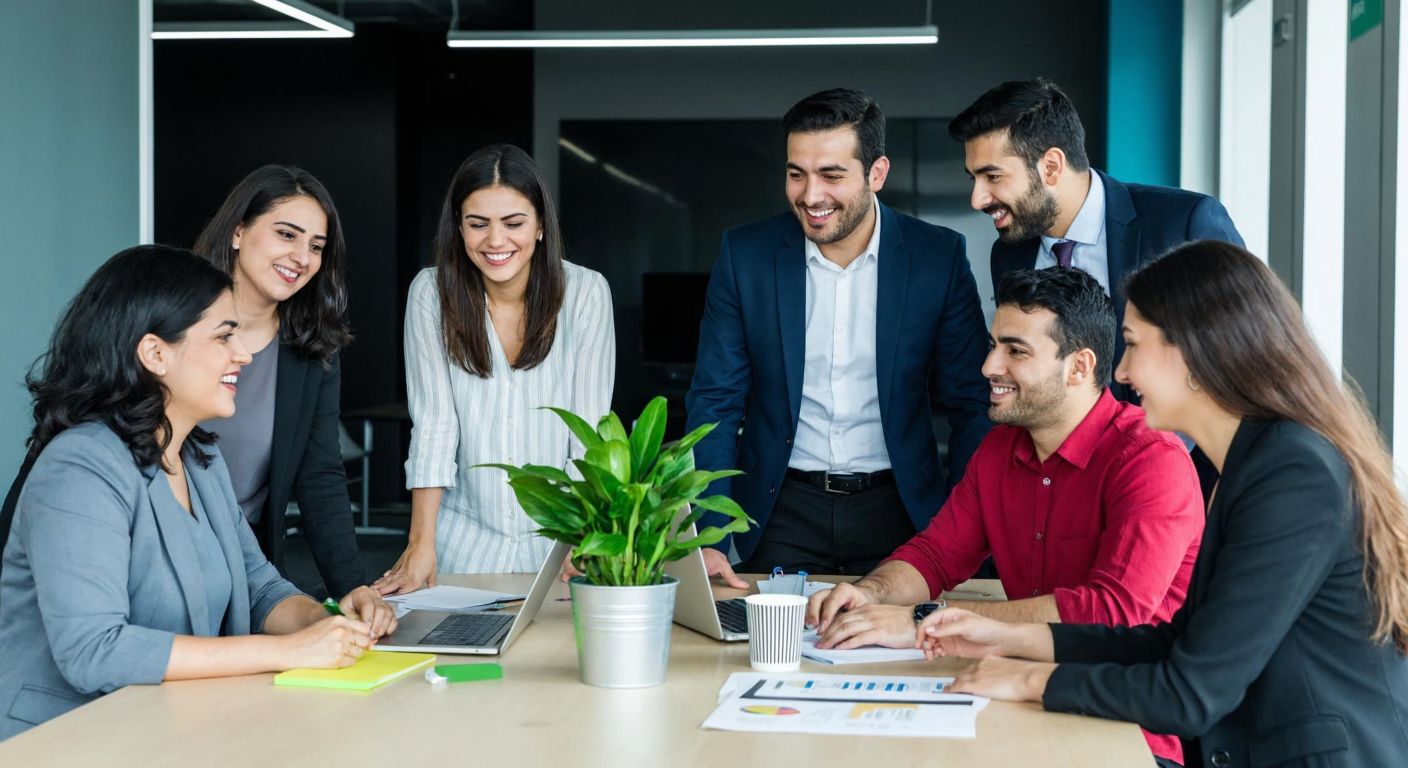 A diverse group of Turkish professionals in a modern office setting, smiling and collaborating around a table with documents, a potted plant, and a laptop, symbolizing teamwork, growth, and fair management.
