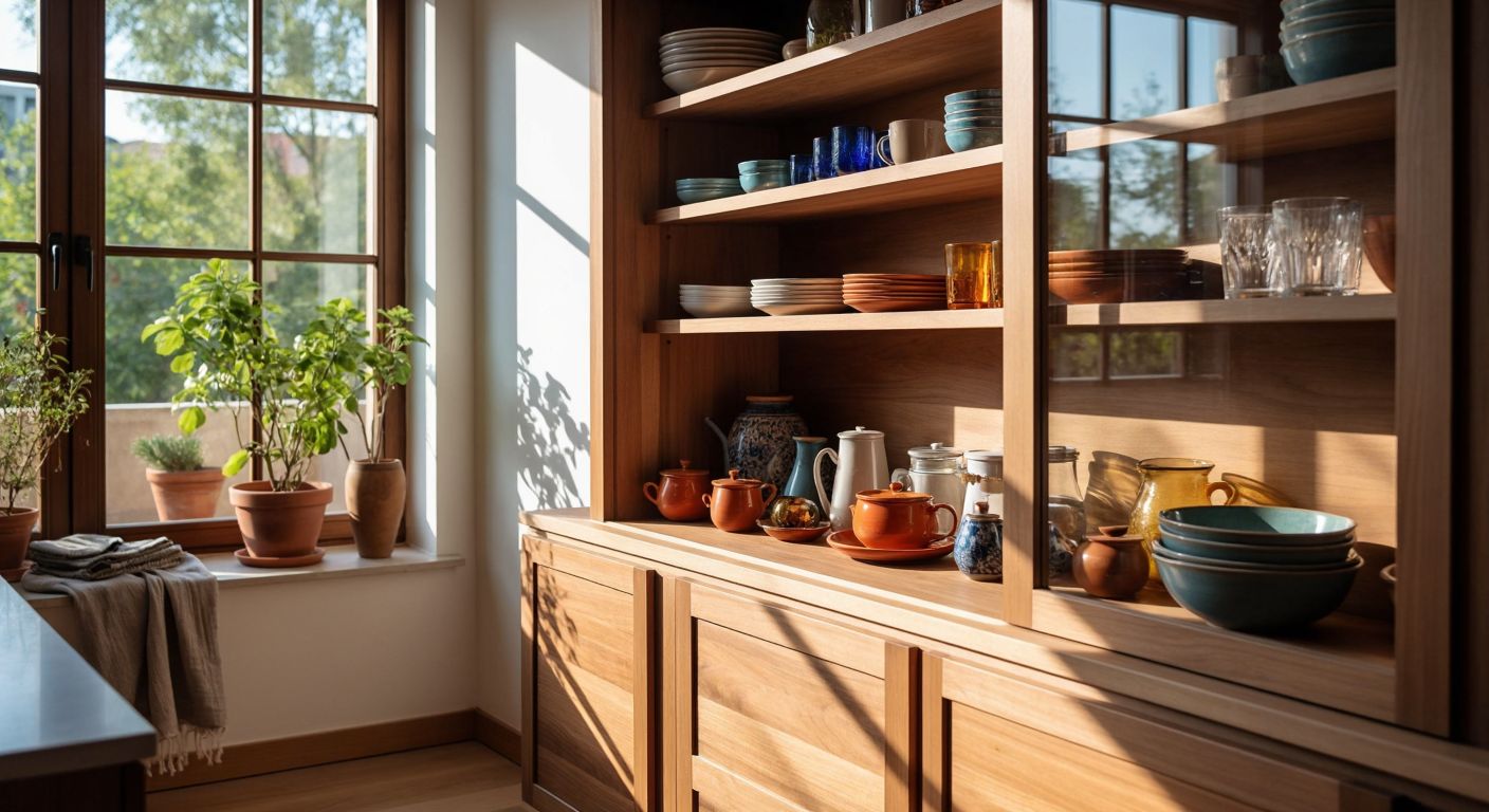 A sleek wooden cabinet with sliding glass doors reveals adjustable shelves inside, neatly holding colorful ceramic dishes and glassware in a sunlit Turkish kitchen.