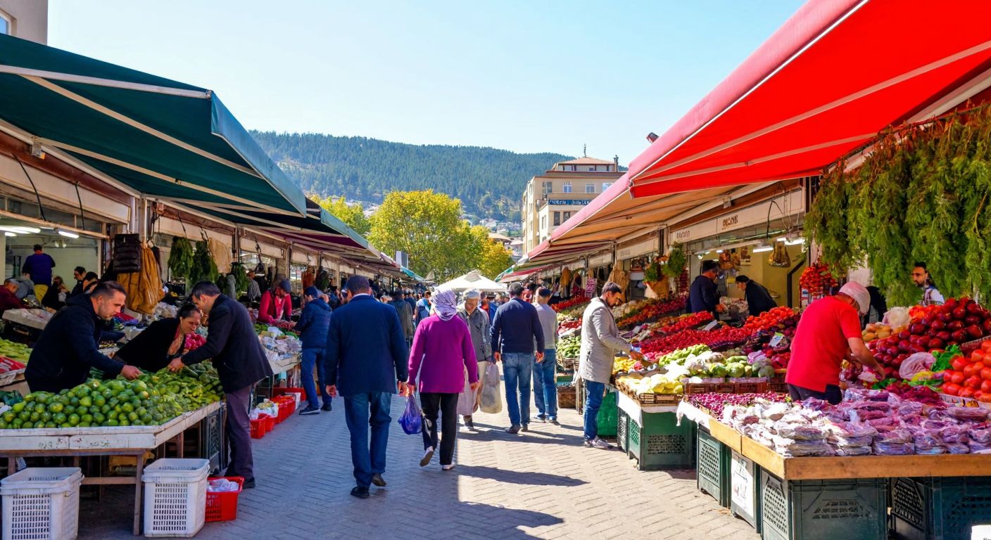 A bustling open-air market in Bursa, with vendors selling fresh produce under colorful awnings, customers haggling over fragrant herbs, and the lively energy of a traditional Turkish pazar on a sunny day.