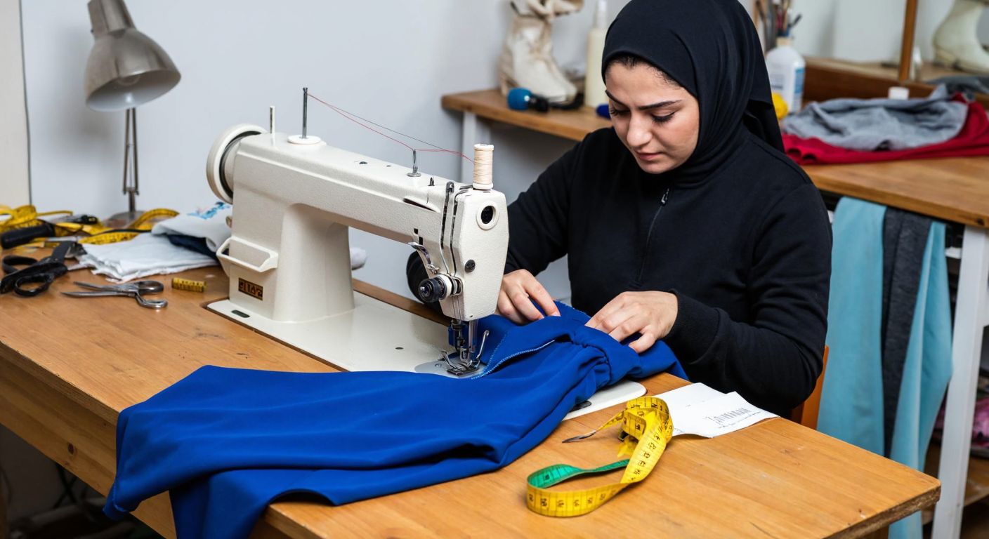 A Turkish woman in a cozy workshop carefully sewing blue tracksuit pants on a sewing machine, with fabric scraps and a measuring tape scattered on the wooden table beside her.