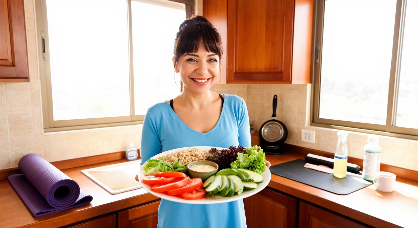 A smiling Evrim Akın standing in a sunlit Turkish kitchen, holding a colorful plate of fresh vegetables and whole grains, with a yoga mat rolled up nearby.