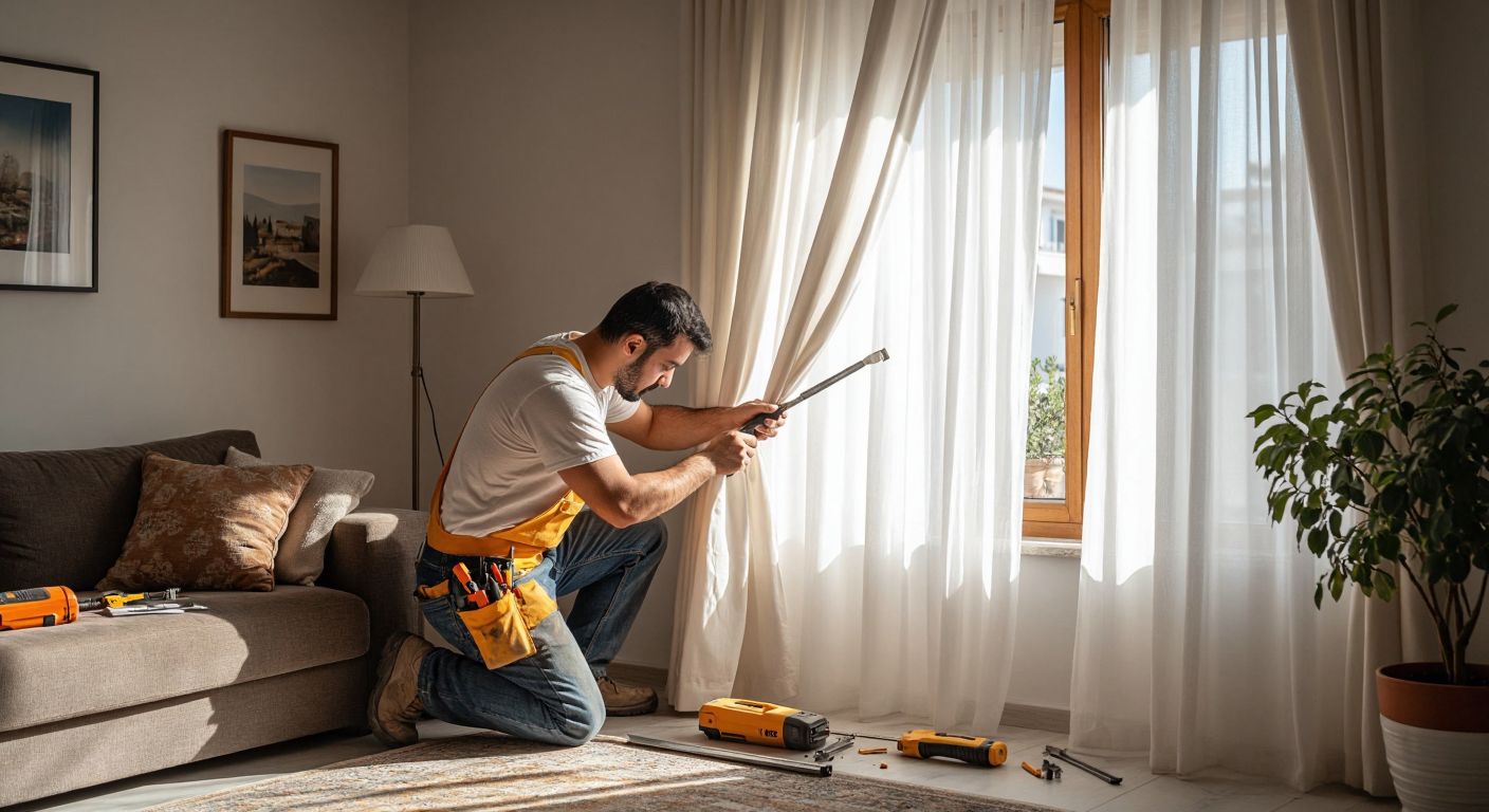 A focused Turkish handyman in a sunlit living room carefully secures a curved curtain rail to the wall using a drill, with scattered tools like a screwdriver and level nearby, while a sheer white curtain drapes partially over the rail.