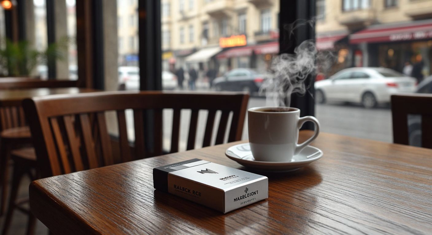 A sleek silver Marlboro Touch Gray RCB cigarette pack resting on a wooden café table in Istanbul, with a faint wisp of smoke curling upward beside a steaming cup of Turkish coffee.